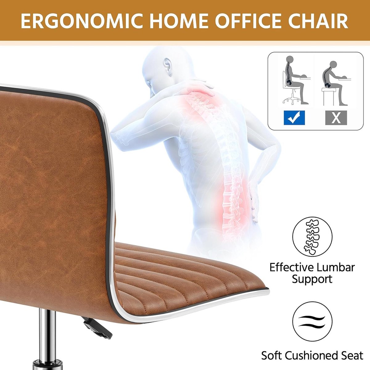 Bureaustoel Ergonomisch - In Hoogte Verstelbare Bureaustoel zonder Armleuningen - Comfortabele PU Leren Bureaustoel met Wielen - Voor Thuiswerkplek, Kantoor en Studie - Werkstoel, Computerstoel, Kantoorstoel thumbnail 4