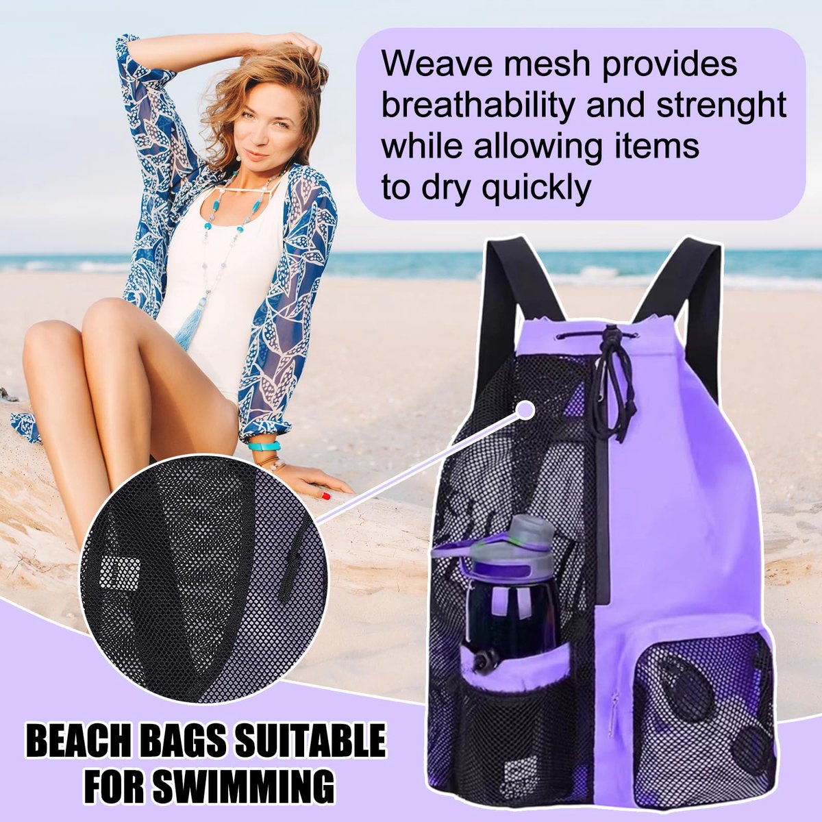 Swimming Bag Mesh, zwemrugzak, sporttas, gymtas met trekkoord, strandrugzak met scheiding van droge en natte spullen, sporttas, paars