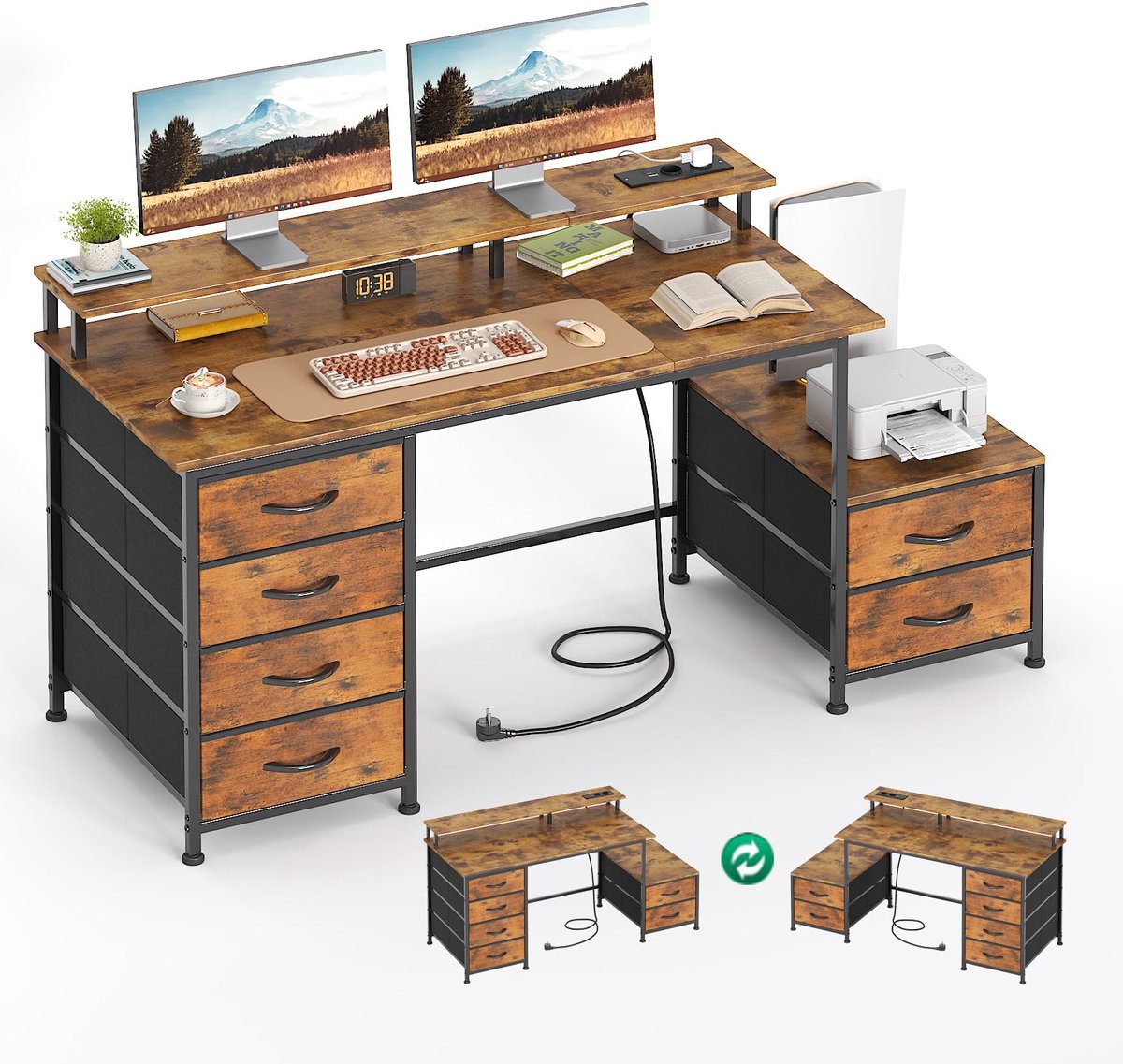 Bureau met 6 laden en printerstandaard, omkeerbare computertafel met monitorstandaard en stopcontacten, bureaus voor thuiskantoor, vintage bruin