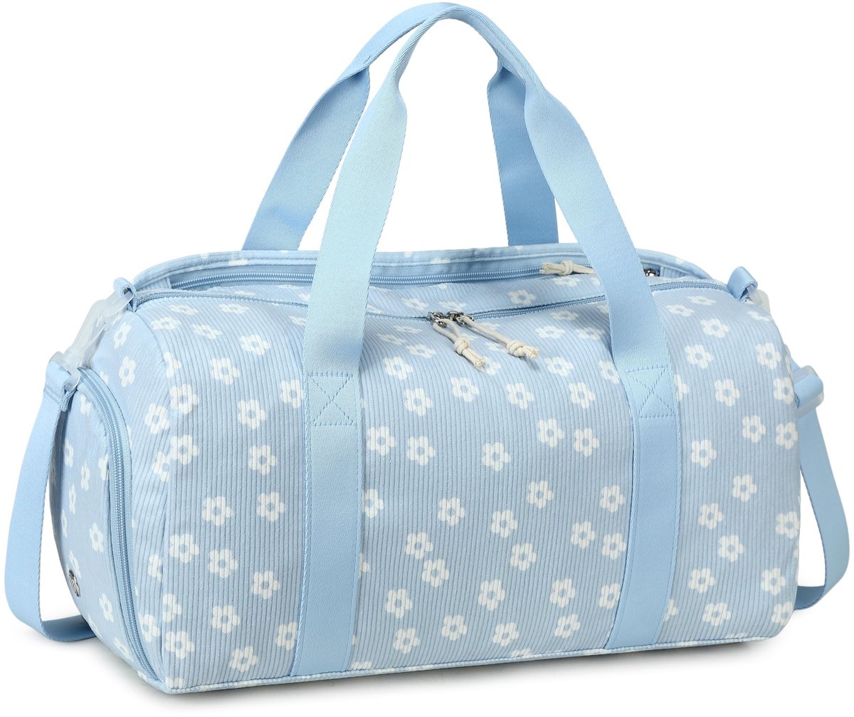 Sporttas voor kinderen, zwemtas, jongens, dames, met schoenenvak en nat vak, badtas, tiener, kleine reistas, fitnesstas, blauwe bloemen, 46 x 22 x 23 cm, Sports