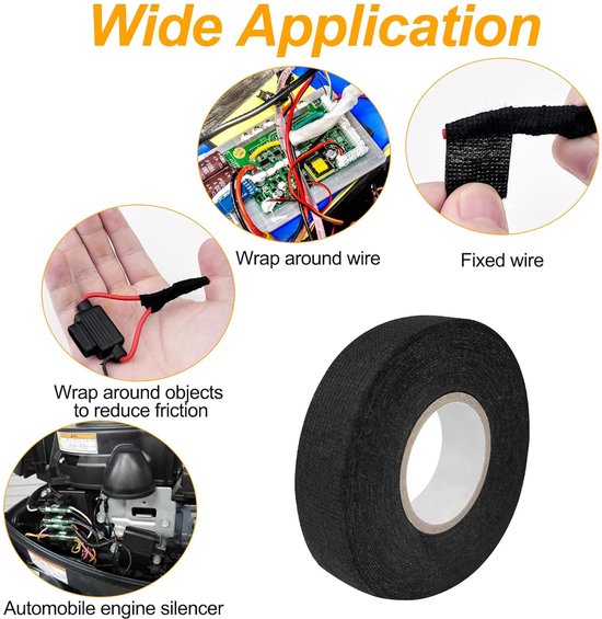 Isolatietape, zwart, weefseltape, weefseltape voor auto, autobedrading, industriële zelfklevende tape voor zicht-, auto-, motor- en kabels — afbeelding 5