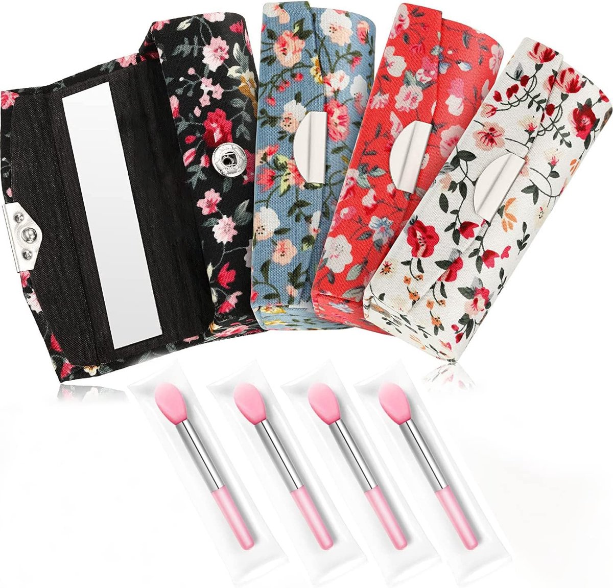 Lippenstiftdoos met Spiegel en Drukknoopsluiting, 4 Stuks Etui voor Lippenstift en 4 Stuks Siliconen Lippenborstels, Draagbare en Prachtige Kleine Make-up Tas, Sieradendoos - Vintage Patroon