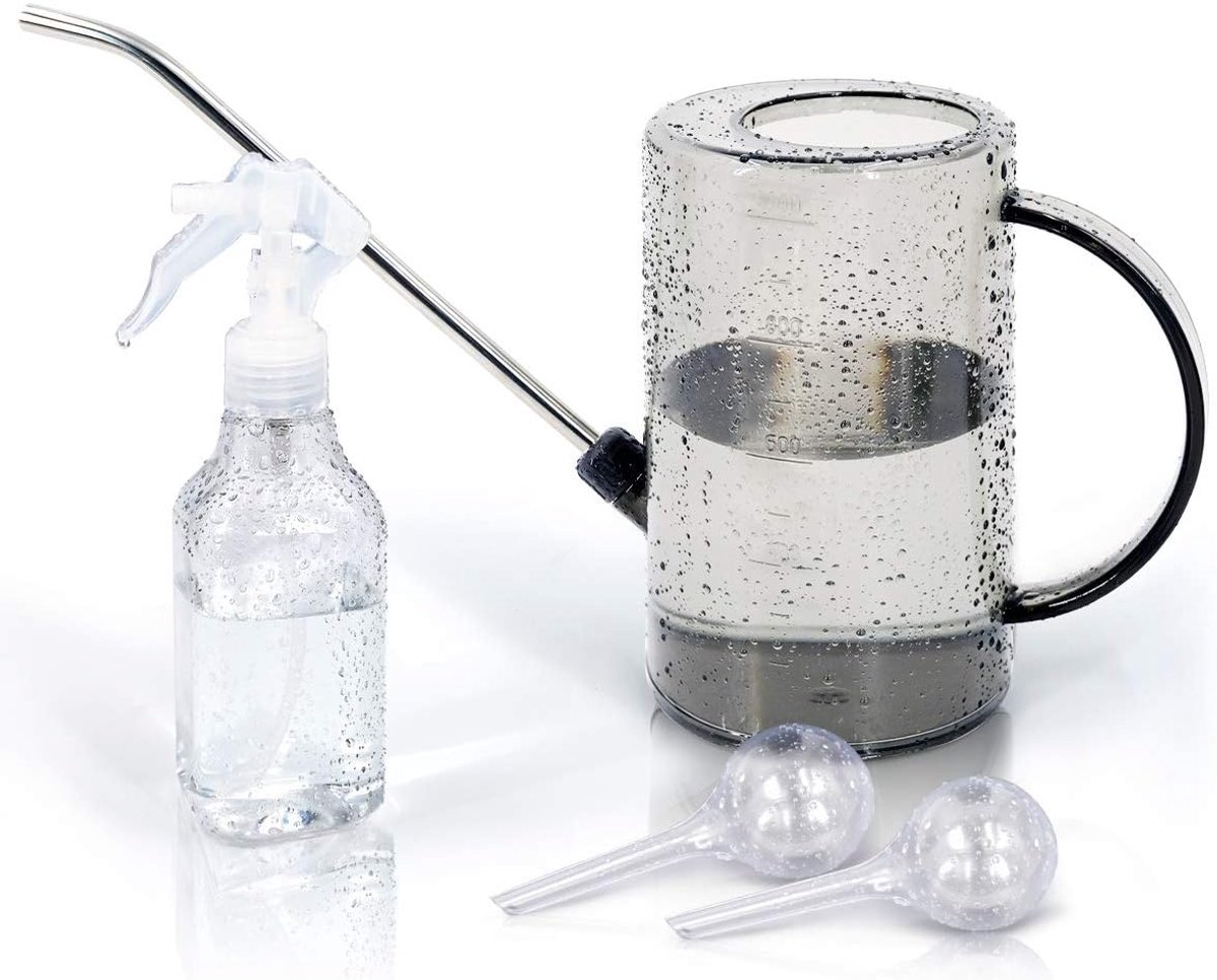 Plantengieter voor binnen - gieter met lange tuit met spuitfles en automatische gietbollen voor het besproeien van kamerplanten en buitenplanten bloemen (1L grijs)