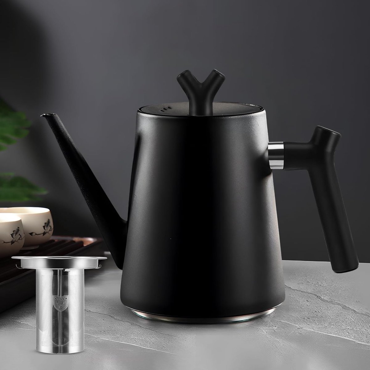 Thermostheepot met theezeef 1,5 liter, roestvrij staal, dubbelwandig, zwart, met thee- en koffiefilter, 100% druppelvrij, voor alle warmtebronnen, modern design