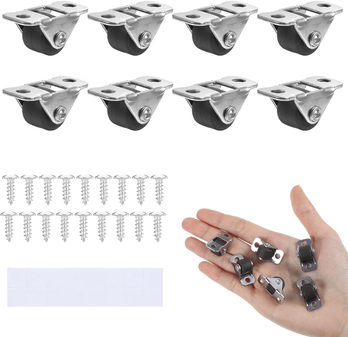 8 stuks kleine meubelwieltjes - Elk wiel kan ongeveer 10 kg dragen, Mabor 13 mm kleine wielen voor meubels. Mini stille wieltjes met kleefpunten en schroeven. Voor meubels, gereedschapskisten