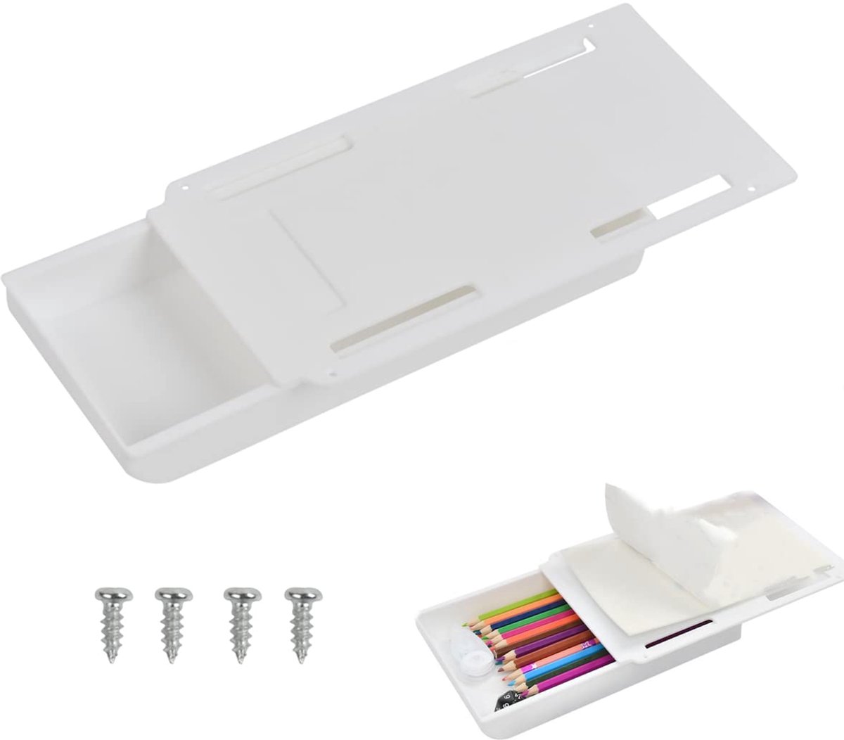 2 stuks onder bureau opberglade organizer, zelfklevende onder tafel lade lade pennendoos etui met schroeven voor het opbergen van pennen potloden telefoons, kantoor thuis school