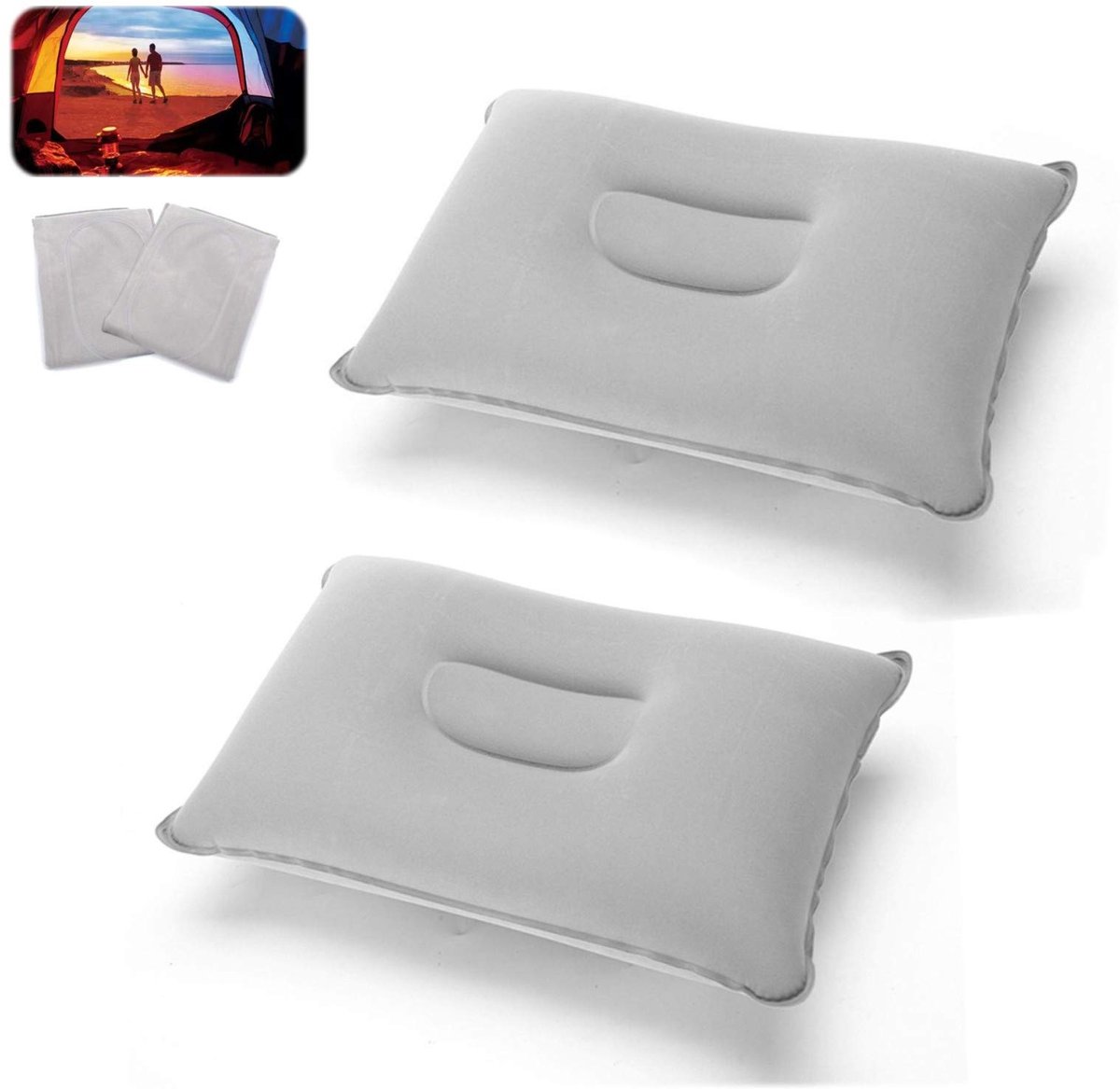 Opblaasbaar campingkussen, reiskussen, grijs, 2 stuks, luchtkussen, zandstrand, hoofdkussen voor kantoor, weekendtrip, strandvakantie, tentvakantie (grijs, 43 x 27 cm)