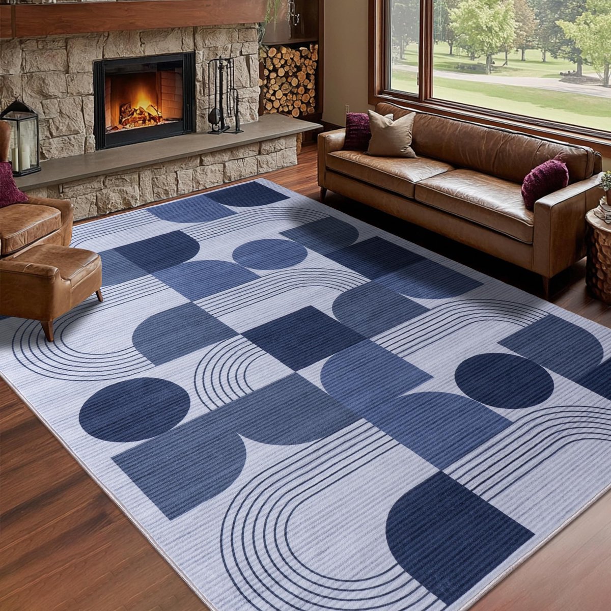 Vloerkleed voor de woonkamer, modern abstract patroon, woonkamertapijt, blauw, 120 x 160 cm, laagpolig, wasbaar, groot, wollen tapijt voor slaapkamer, kantoor, eetkamer