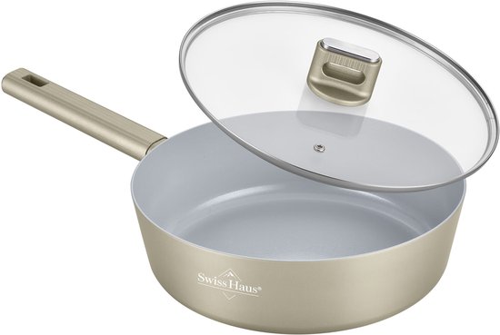 Swiss Haus® SCDF28CH Hapjespan met Deksel – Ø28 cm / 4.4L - Inductie & Alle Warmtebronnen – PFAS Vrij – Braadpan – Antiaanbaklaag – Champagne