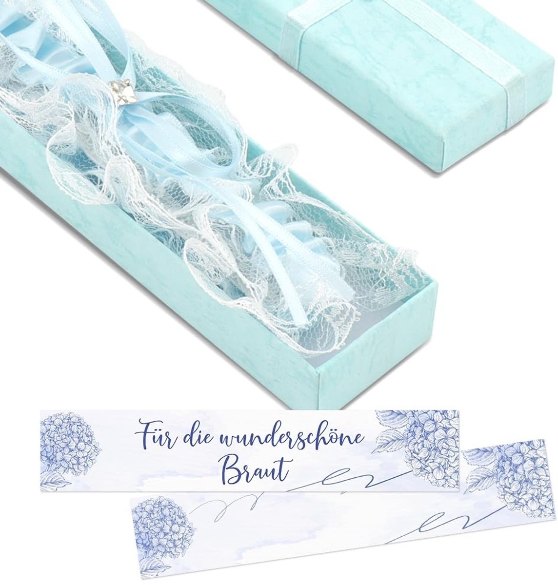Dailygoods - Kousenband voor de bruid, blauw, met wenskaart, kousenband voor bruid, kousenband van blauwe kant, gadget voor vrijgezellenfeest voor vrouwen en meisjes, bruiloften, vrijgezellenfeesten