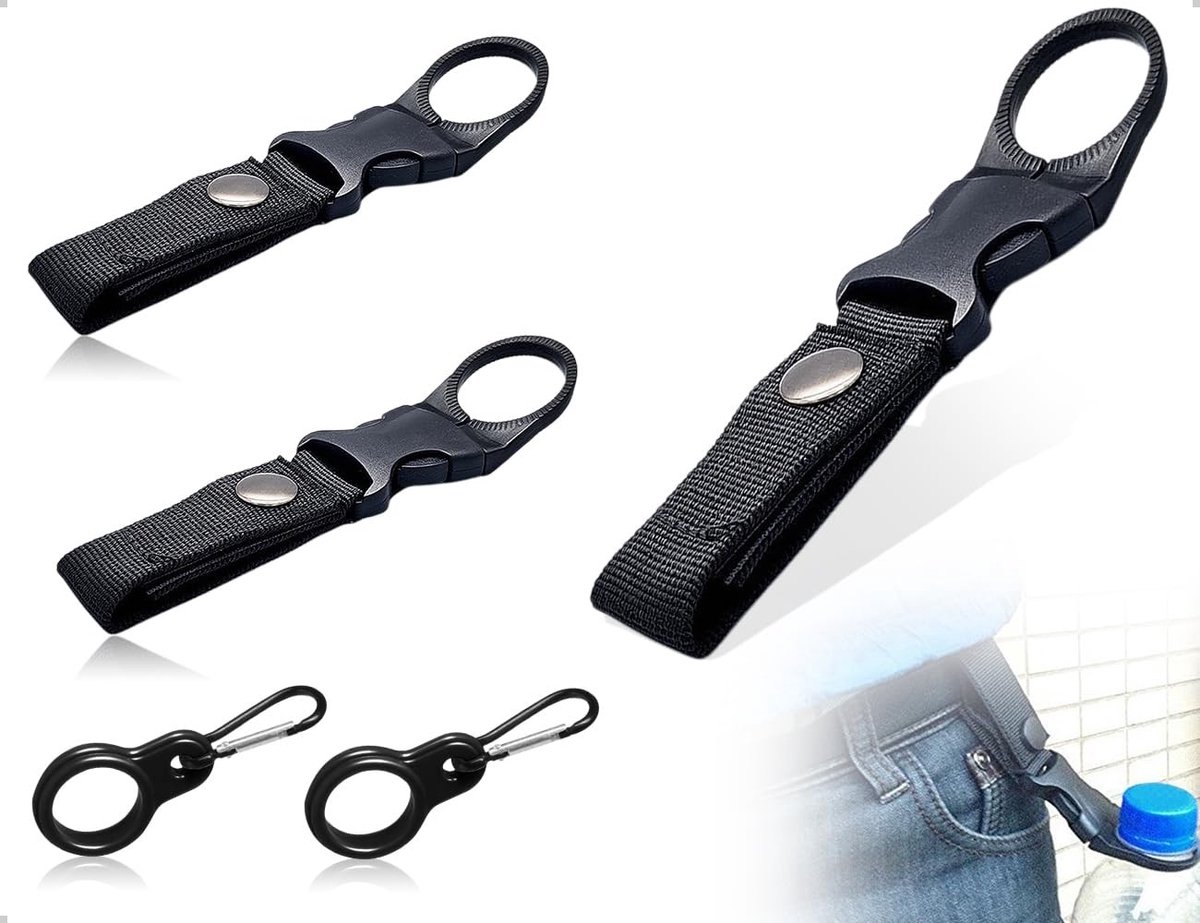 Dailygoods- Flessenhouder 4 stuks - Nylon - Karabijngesp - Waterfles Houder - Ideaal voor Kamperen/Wandelen - Betrouwbaar en Stabiel - Waterfleshouder