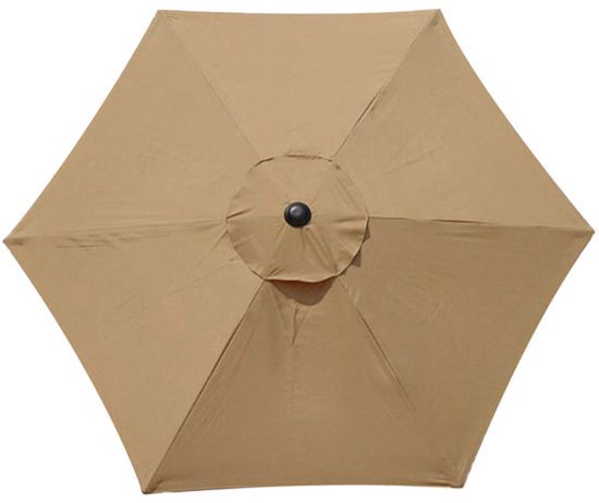 Khaki parasoldoek met 6 baleinen, boven view, met zwart middenstuk.