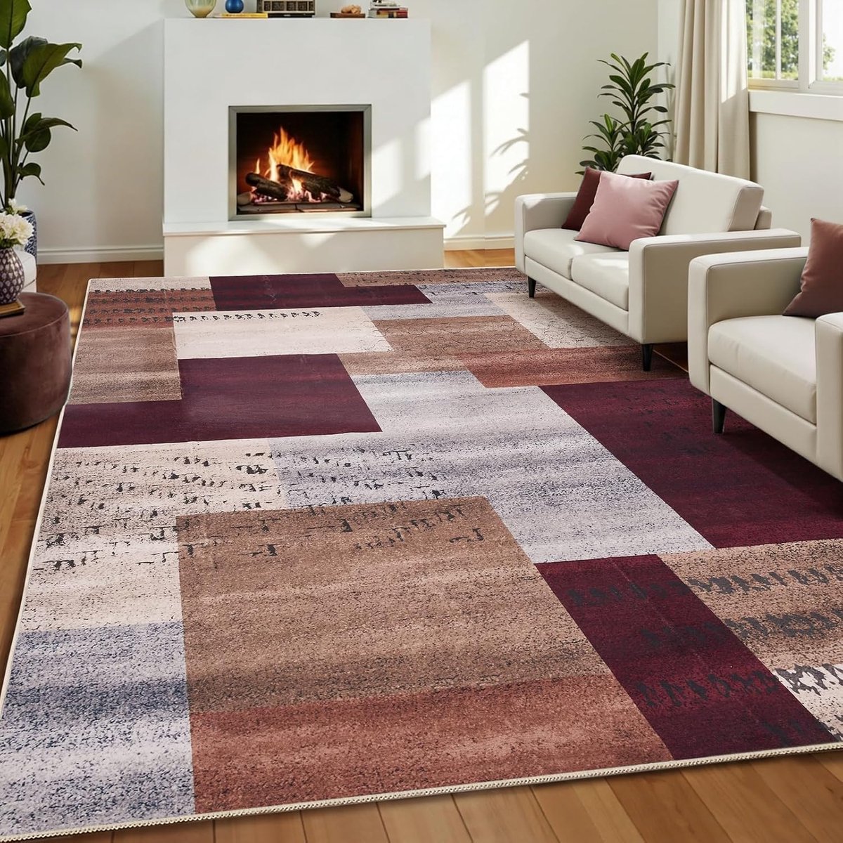 Hedendaagse tapijt, wasbaar, laagpolig, antislip, geometrisch geruit, tapijt voor slaapkamer, eetkamer, kantoor en kinderkamer, 160 x 220 cm, baksteenrood en multi