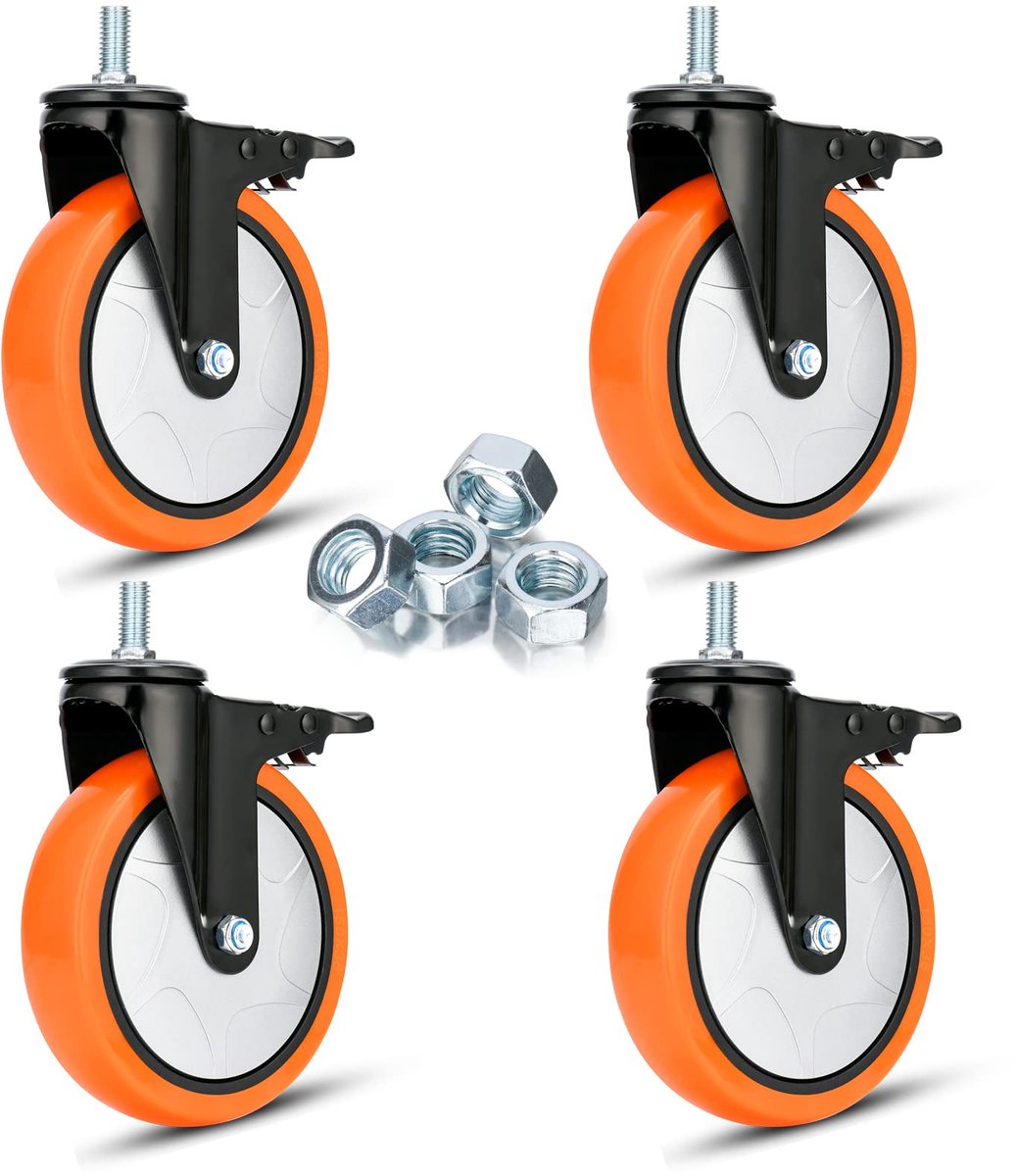 125 mm draad-stemcasters, set van 4 heavy duty 900 kg M12 Castor wielen, dubbele vergrendeling, industriële zwenkwiel, met remmen, veiligheid, glad, geen ruiswielen voor auto, meubels