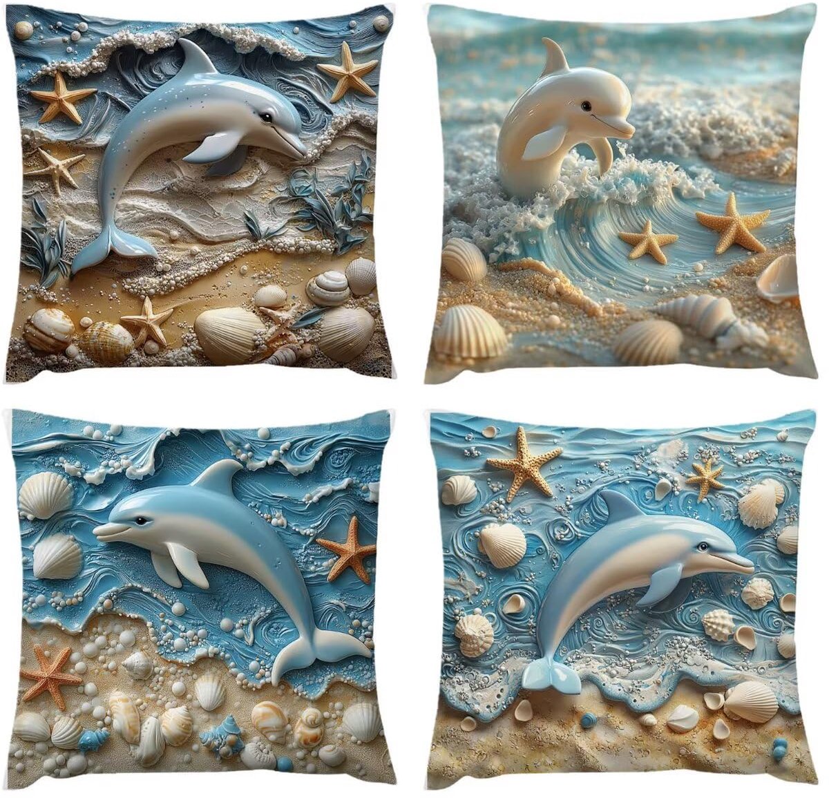 Kussenhoes, 55 x 55 cm, buitenkussen, 4 stuks, dolfijnen, bankkussen, kussensloop zeesterren, van toepassing op kussensloop voor tuin, balkon, woonkamer, huis, decoratief, geschenken A-179