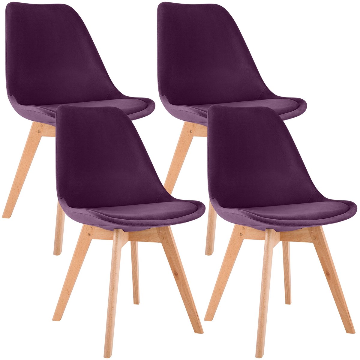 CLP Set van 4 Eetkamerstoelen Linares - met rugleuning - beukenhouten frame - Fluweel/purper