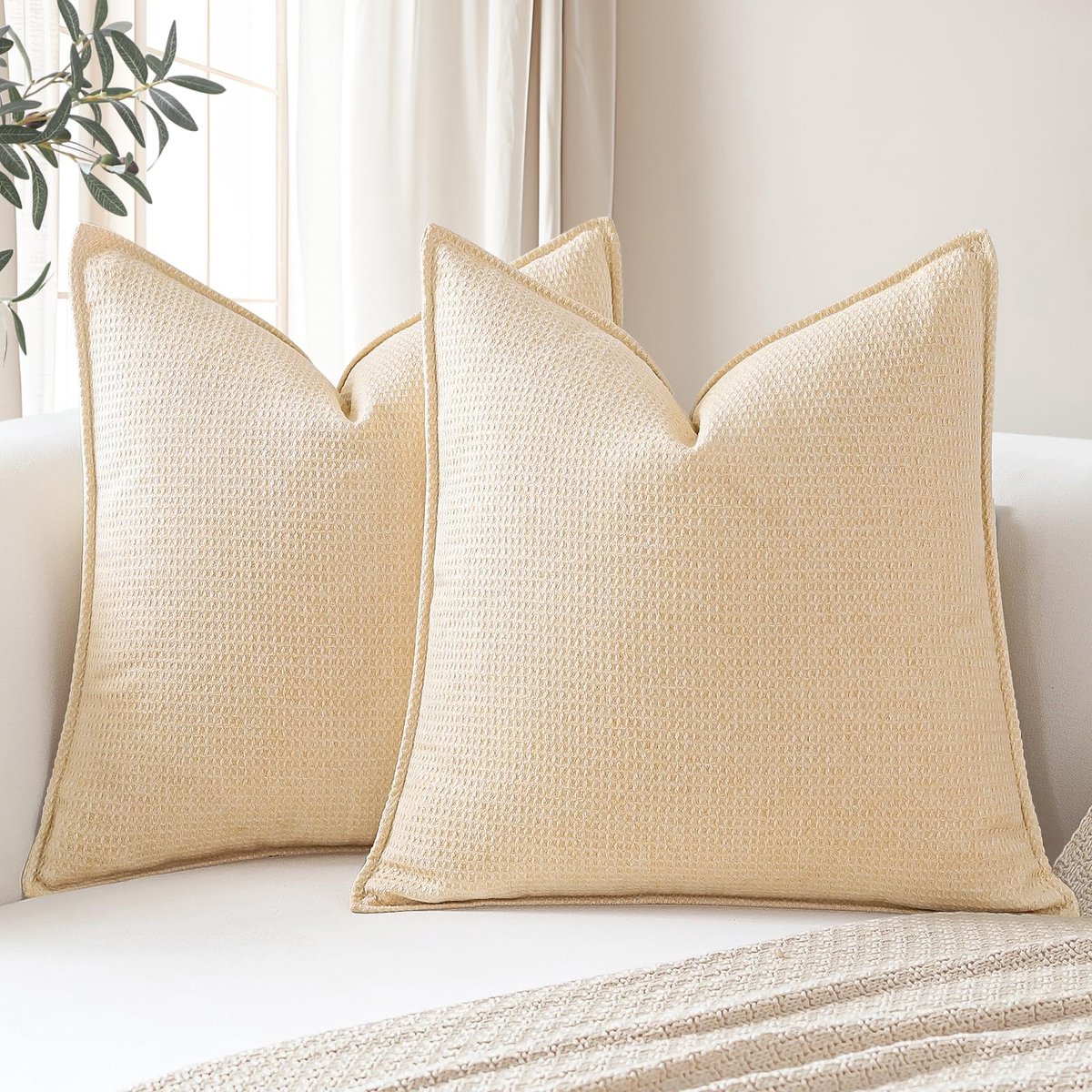 Decoratieve kussenhoezen 40 x 40 cm, set van 2, zachte geruite kussenslopen met gestikte rand, boho, boerderij, woondecoratie sierkussenslopen voor bank, terras, slaapkamer, woonkamer, beige