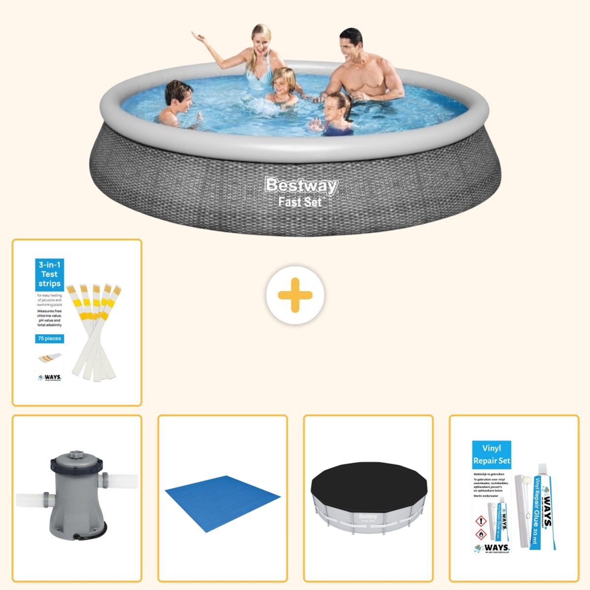 Bestway Rond Opblaasbaar Fast Set Zwembad - Rotanprint - 396 x 84 cm - Inclusief Pomp - Grondzeil - Afdekzeil - Reparatiesetje - Testrips - 6-delig