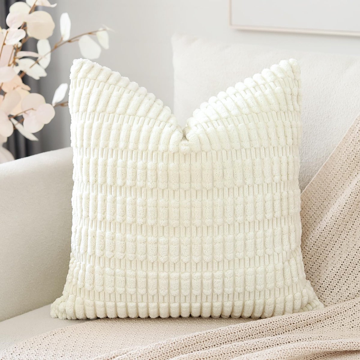 Corduroy set van 1 kussenhoes 45x45 cm, super zacht, boho, gestreept, vierkante kussenslopen, decoratieve moderne kussenslopen voor bank, slaapkamer, auto, decoratie, crèmebeige