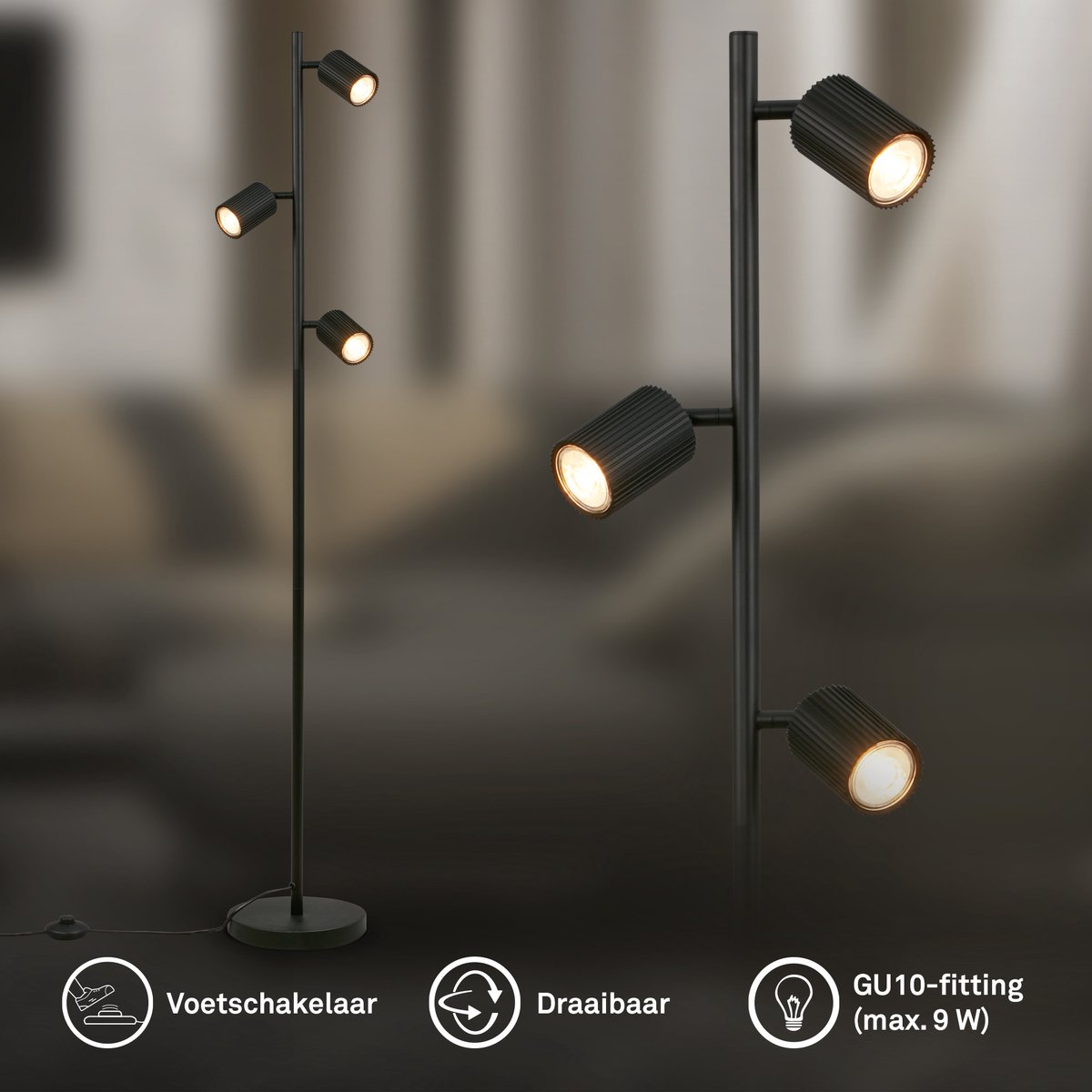 BRILONER Ida - Vloerlamp - woonkamer lamp - bureaulamp - staande lamp met GU10 fitting - h.: 141cm - zwart thumbnail 4