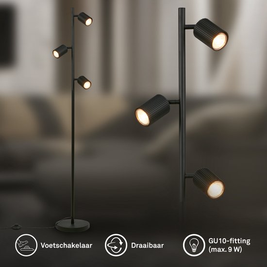 Zwarte staande lamp met drie GU10 spots, voetschakelaar, draaibaar.
