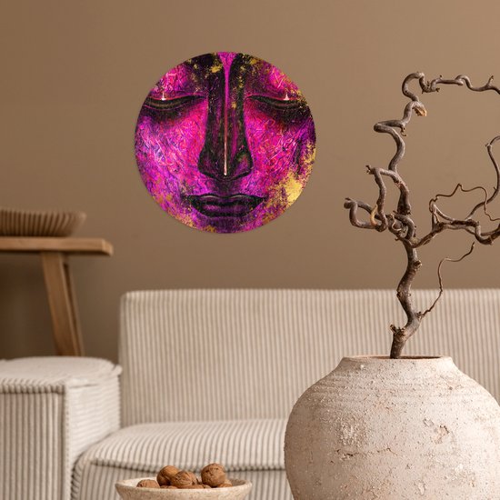 WallCircle® - Behangcirkel 30x30 cm - Muurstickers Boeddha - Hoofd - Paars - Goud - Muurcirkel woonkamer - Wandcirkel slaapkamer - Kamer decoratie zelfklevend - Muurdecoratie accessoires