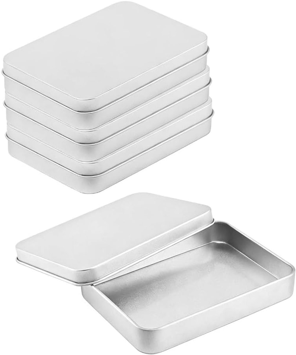4 Stuks Zilveren metalen blik, Rechthoekige blikken doos uit één stuk, Rechthoekige metalen containers met deksels, voor sleutel, snoep (11 * 8 * 2.3cm)