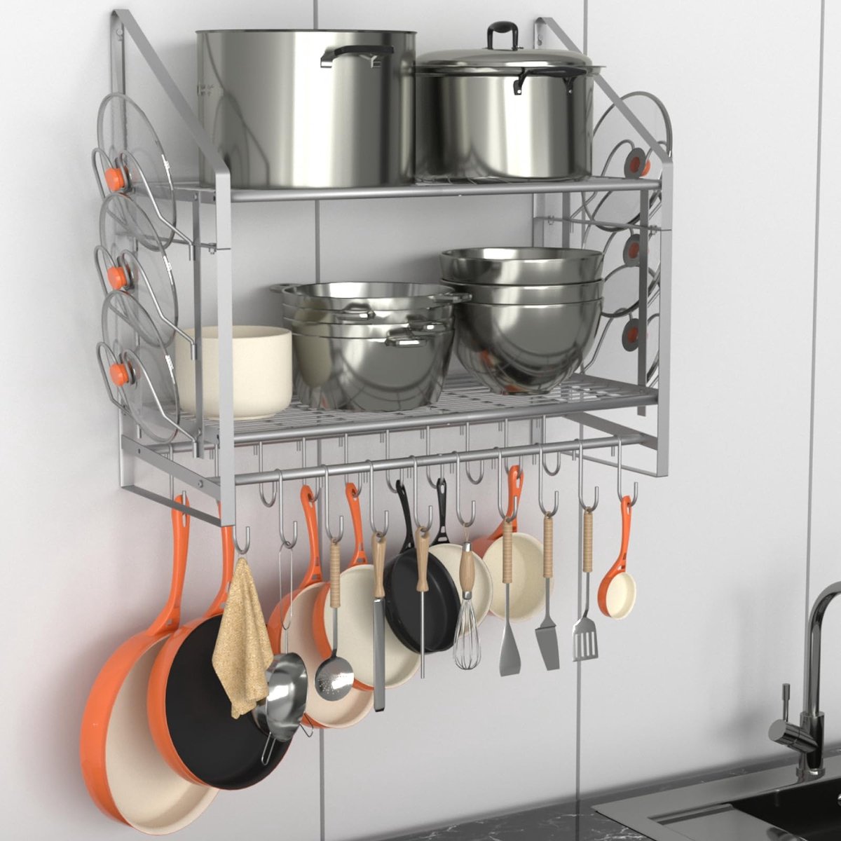 Opknoping Pot Rack 2 Tier, Potten en Pannen Organizer Wandmontage met 20 Haken en 6 Pot Dekselhouders, Heavy Duty Stalen Pot en Pan Hanger voor Keuken Kookgerei Opslag 28,5 "Lx12,2" Bx26,4 "H