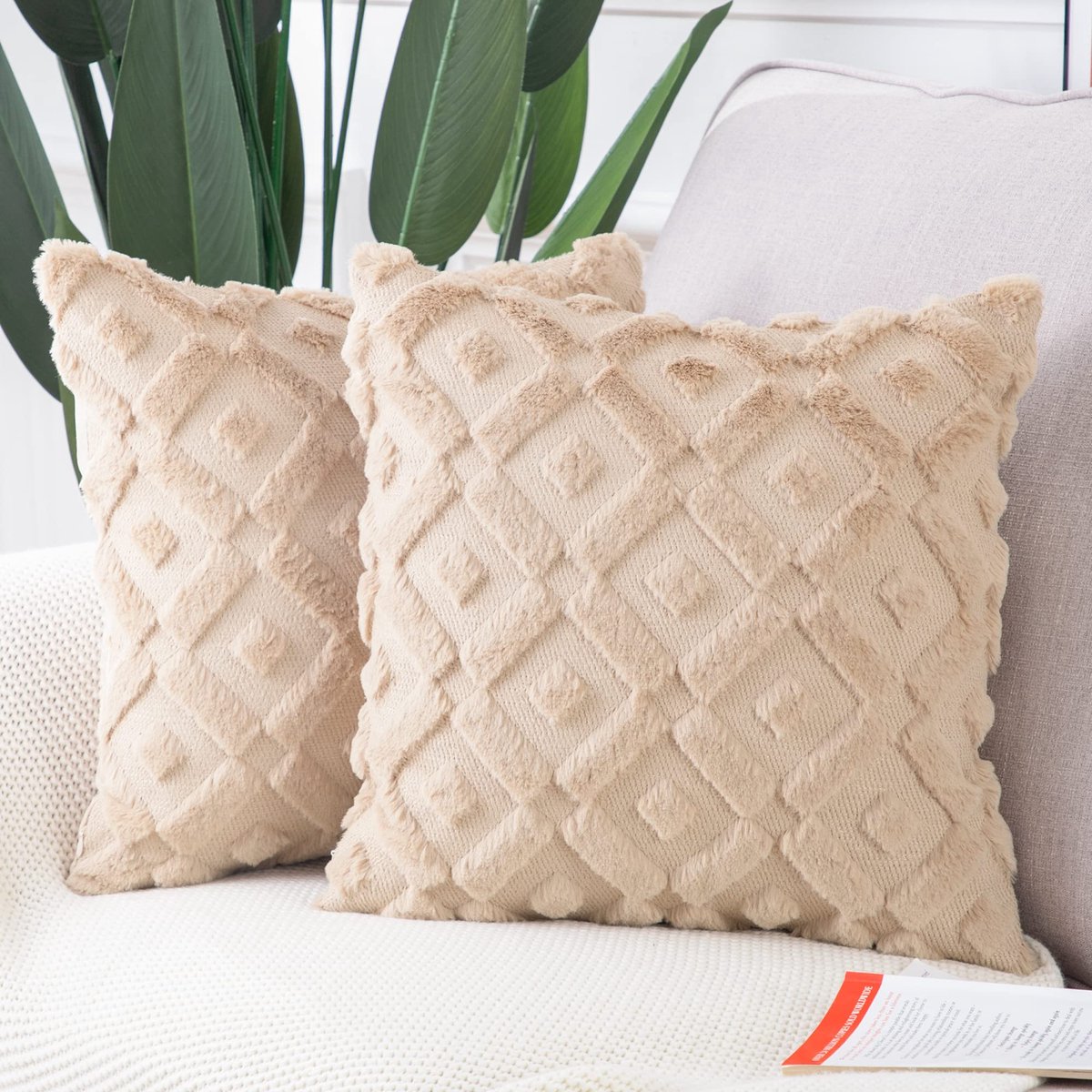 Set van 2 zachte pluche korte wol fluwelen decoratieve Kussenhoezen luxueuze stijl kussenhoes voor bank slaapkamer 40x40 cm Khaki