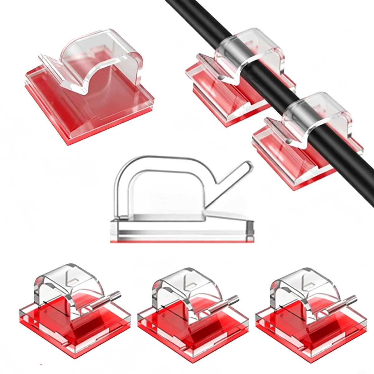 kabelhouder, zelfklevend, 50 stuks, herbruikbare kabelclips voor kabelbeheer, zelfklevende kabelhouder zonder boren, voor bureau, auto, muur en lichtketting, kabelgeleiding transparant