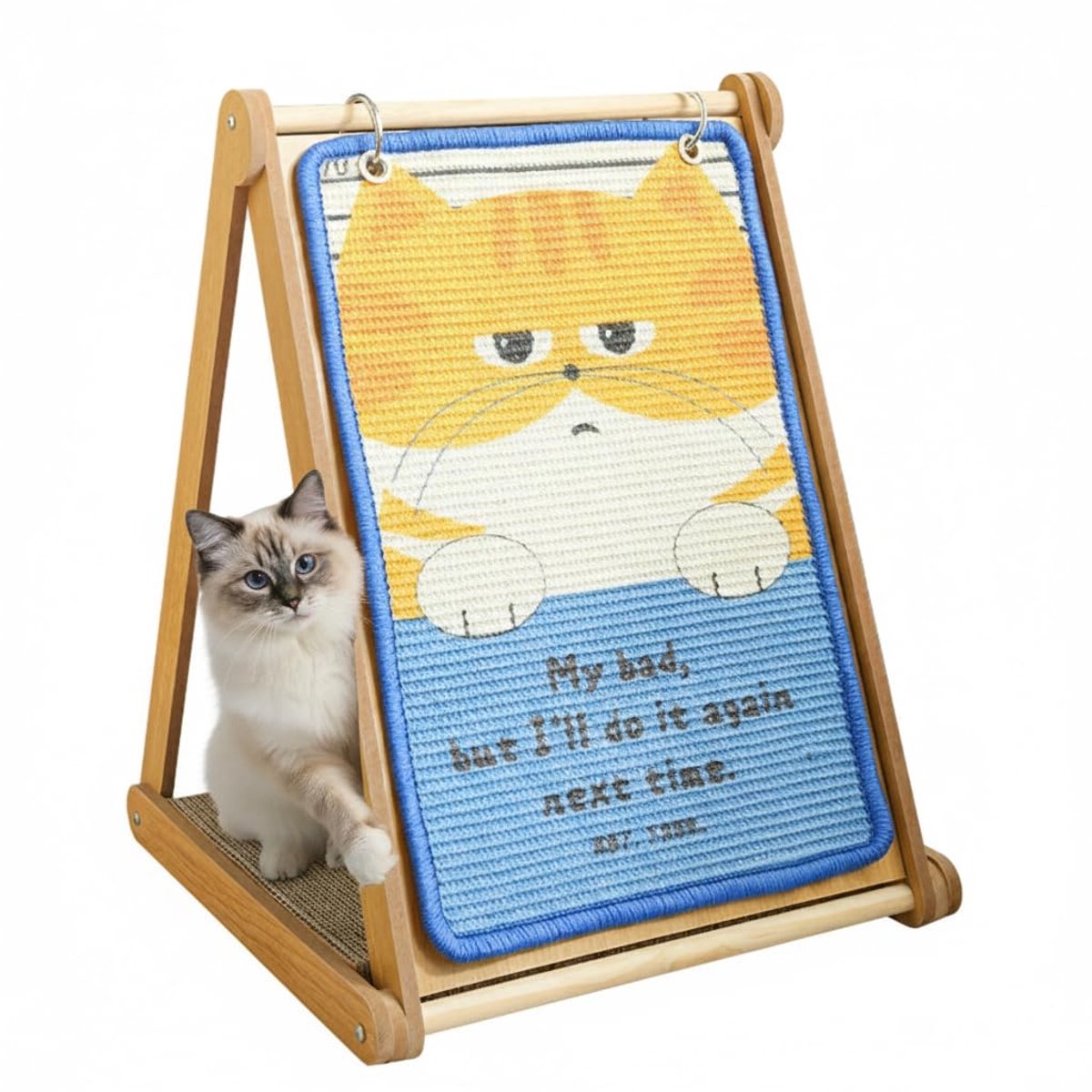 Krabplank met houten A-frame standaard, verticale kattenkrabplank van tapijt, krabmat en krabkarton, krabpad basis, 37 × 37 × 48 cm, voor huiskatten