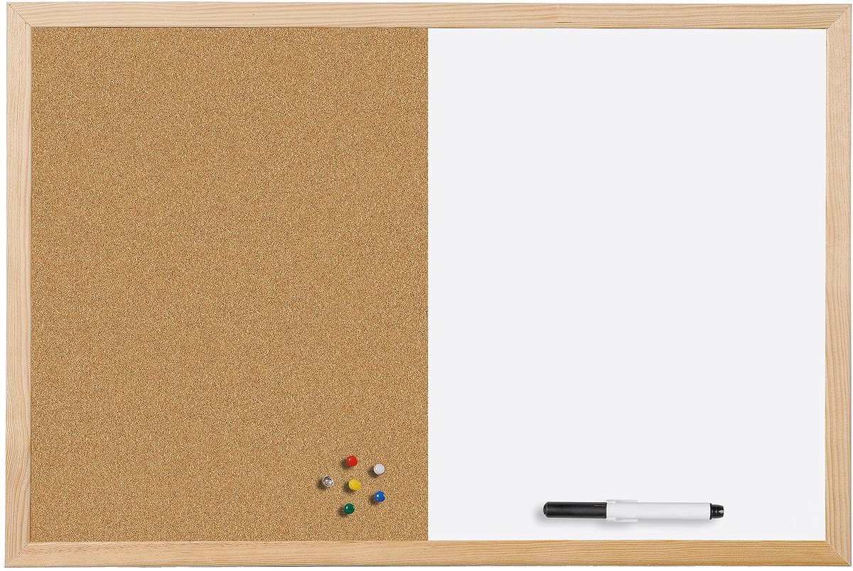 Combibord met twee kurkoppervlakken en magnetisch, droog afwasbaar oppervlak, houten frame 40 x 30 cm