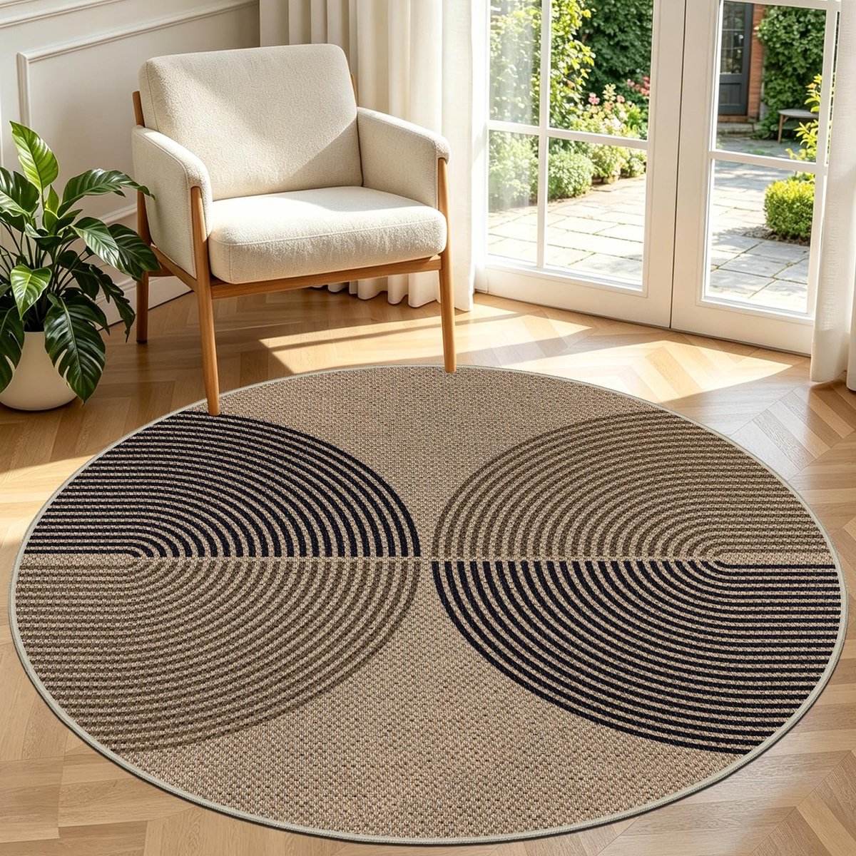 Rond, 120 x 120 cm, jute look, keukentapijt, natuurlijk, rond, wasbaar, antislip, tapijt voor woonkamer, slaapkamer, kantoor, zwart-bruin
