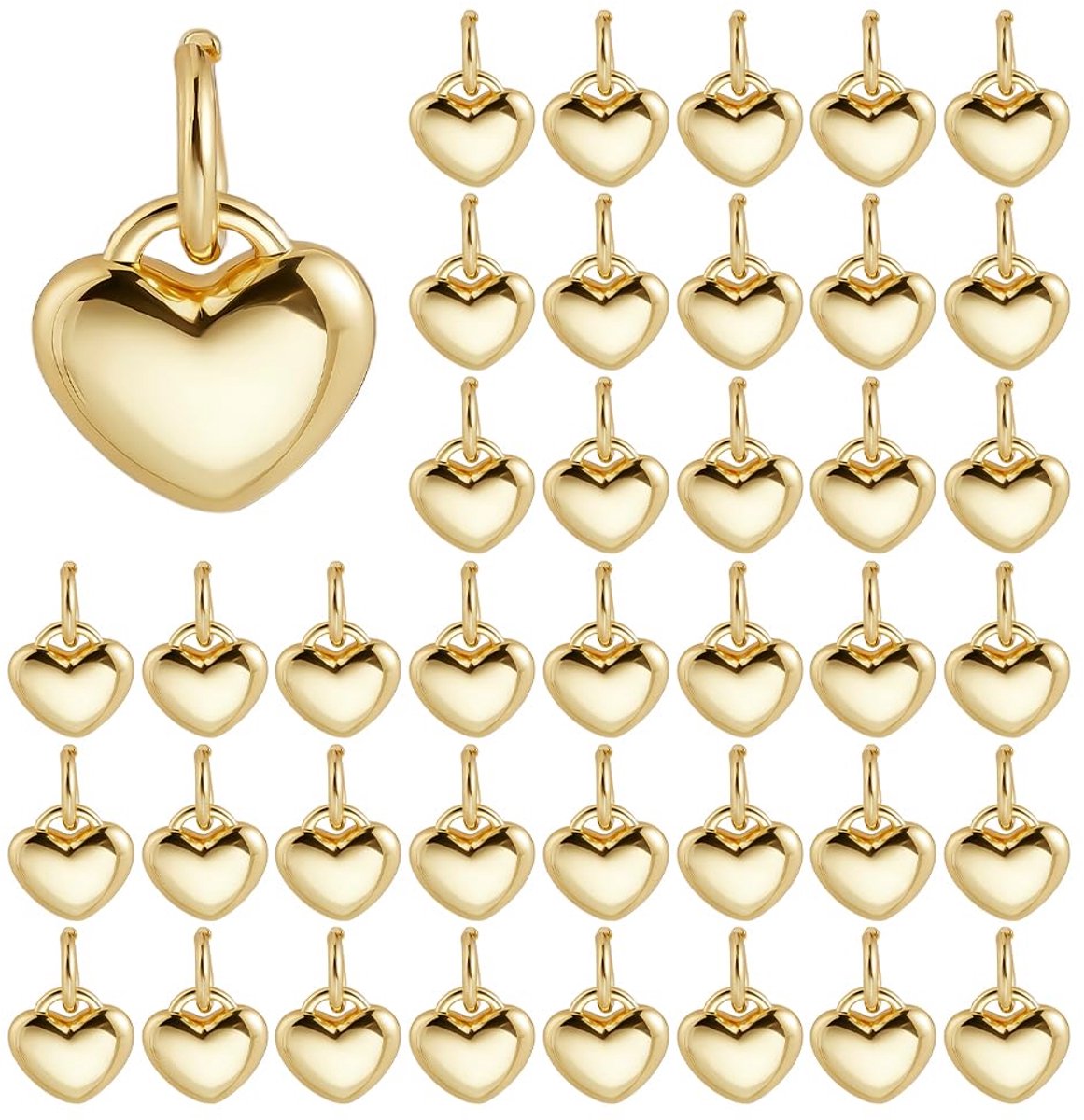 40 stuks hartvormige hangers slinger messing gouden hart hangers 3D hart hanger bedels met springring liefde vorm charme