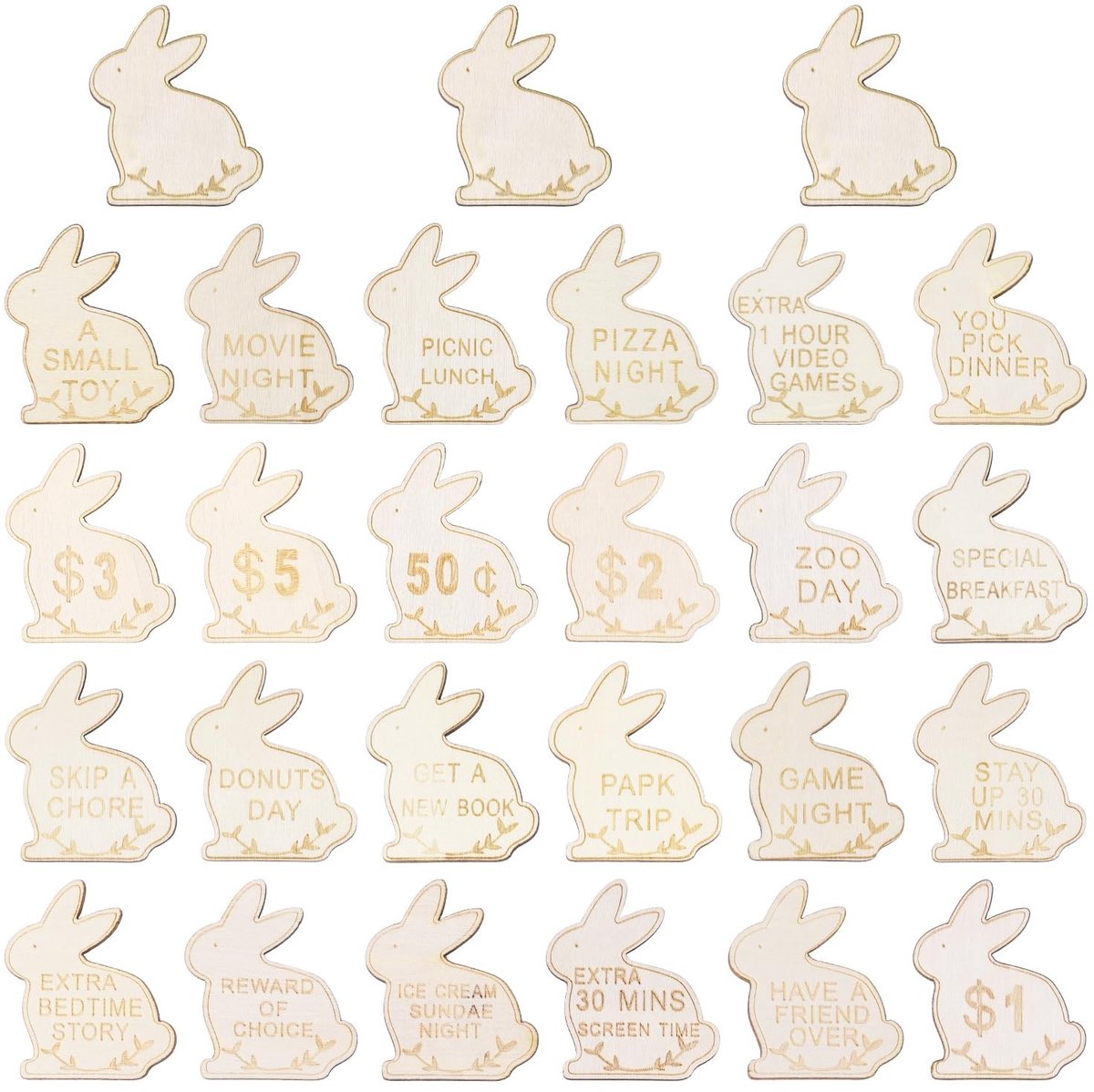 Dailygoods- Paasei-Vullingen 27 Stuks - Houten Beloningsfiches - Paasmandvullingen - Paascadeaus - Duurzaam Materiaal - 5x4,2 cm - Beloningstokens