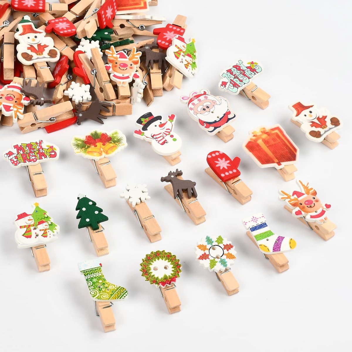 Dailygoods - Kersthouten Clips - 50 Stuks Mini Hout Handwerk Wasknijpers met Diverse Patronen