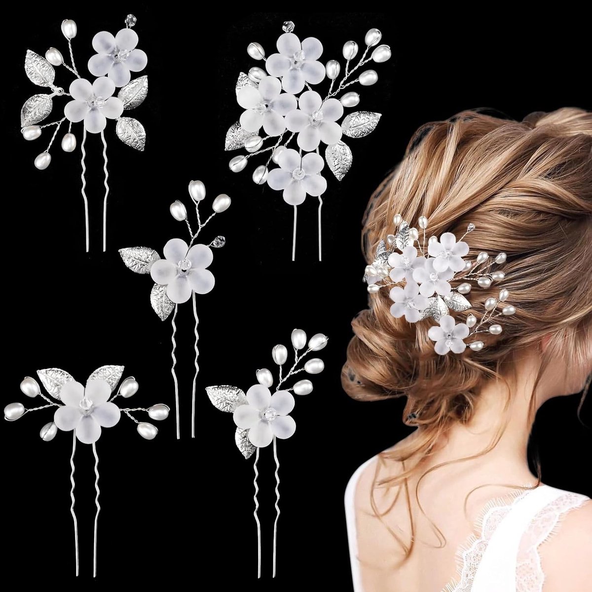Dailygoods - Haarspelden, 5 stuks, bloemen, parels, bruid, haaraccessoires, U-vormig, haarspelden, zilveren bruidssieraden, haar voor vrouwen en meisjes, voor bruid en bruidsmeisje