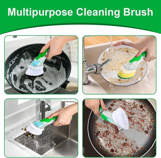 Afwasborstel met afwasmiddeldispenser, vulbare vaatborstel - 2 reserveborstelkoppen, schuurvrij, vulbare afwasborstel voor servies, potten, keukenspoelbakken, reiniging, met 2 haken — afbeelding 5