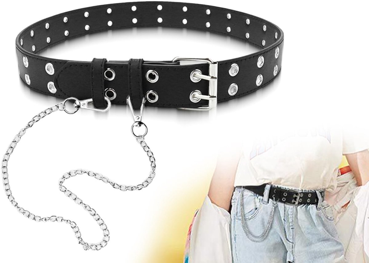 Dailygoods- Kinderriem 90 cm - Punkriem - Afneembare ketting - Dubbele oogknop - Elastische riem - 3,3 cm breed