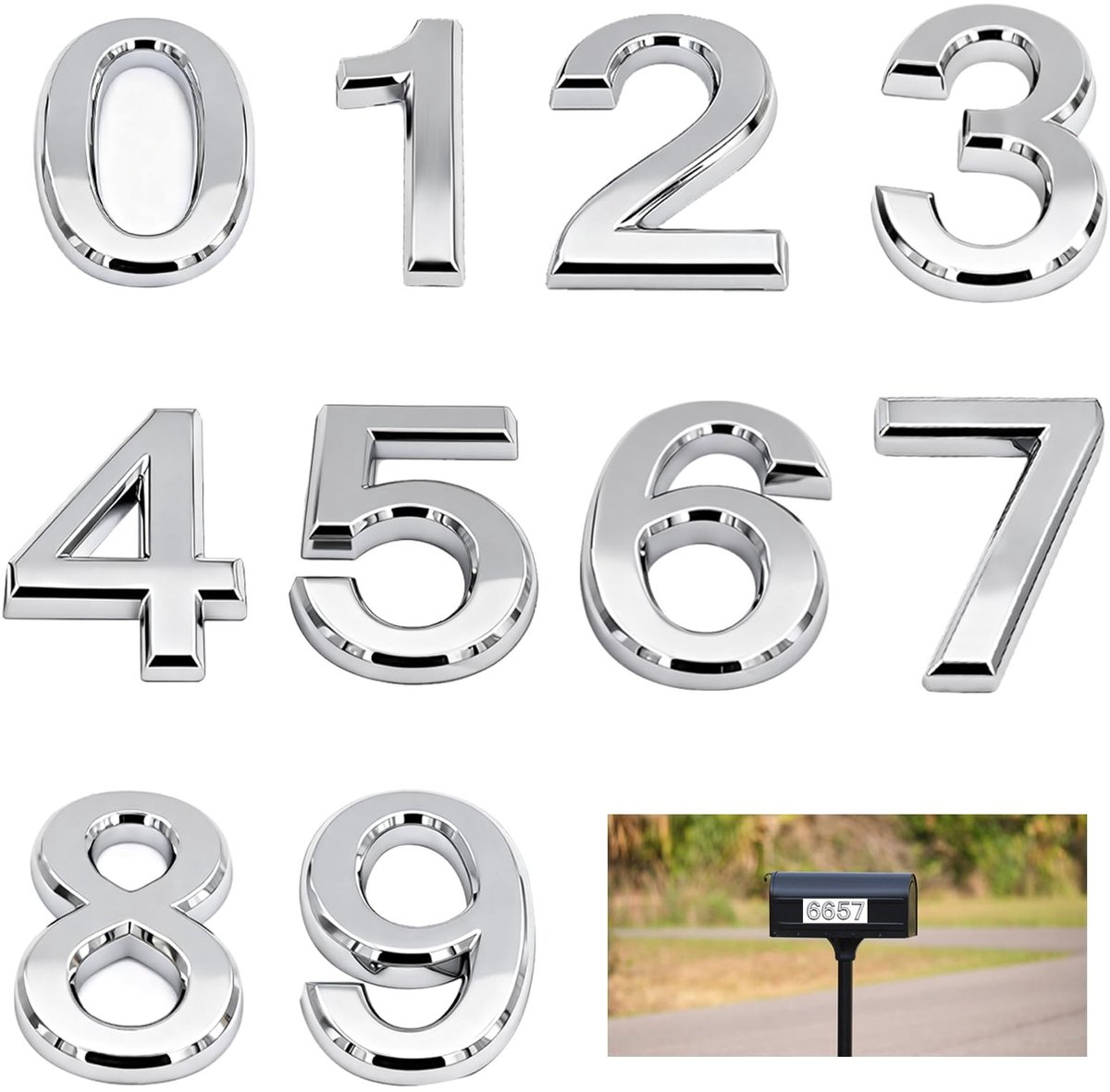 Dailygoods- Huisnummer 10 Stuks - Zelfklevend - 3D-Deurnummer Zilver - Huisnummerbord - Brievenbusnummer - Eenvoudig in Gebruik - Deurbordnummer