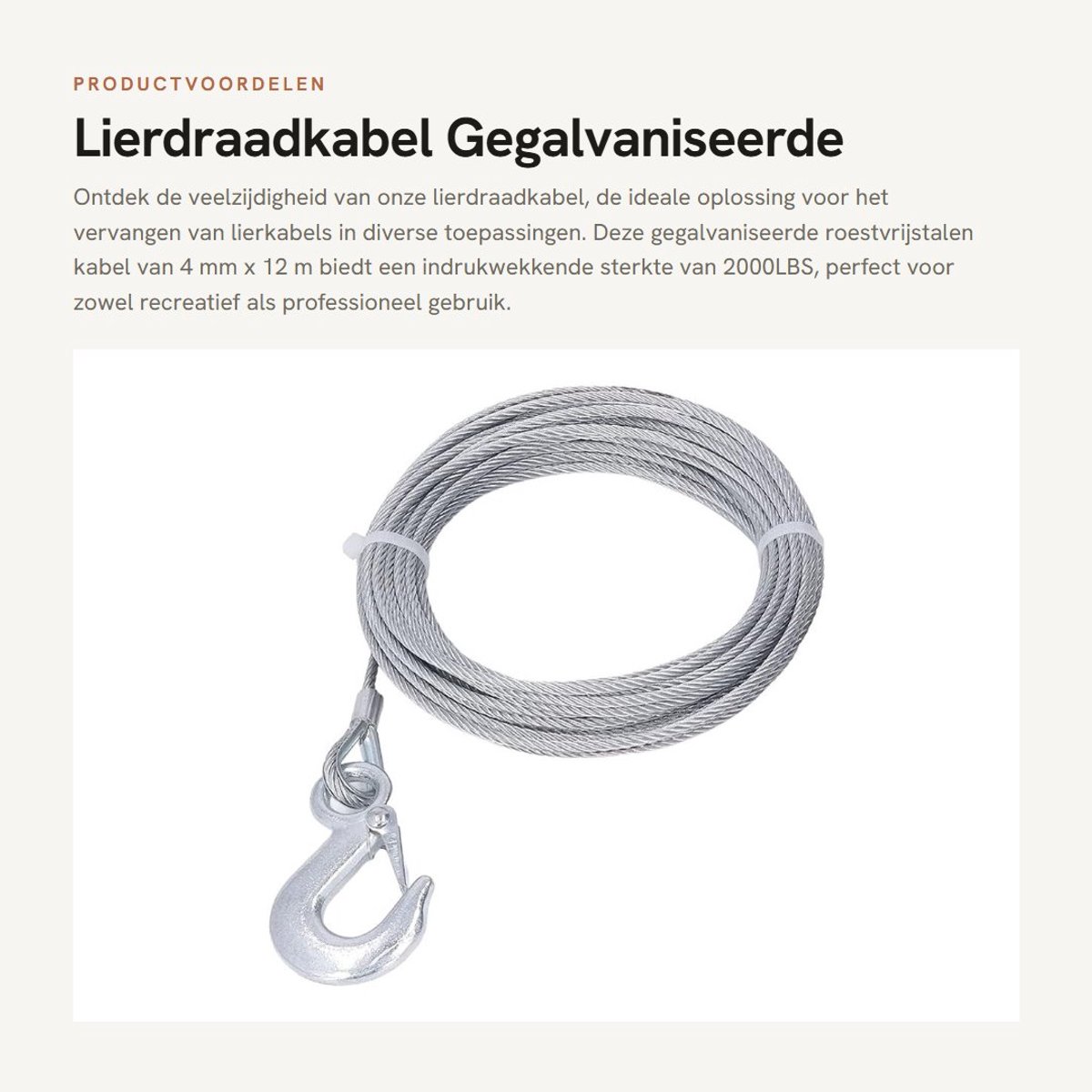 Dailygoods- Lierdraadkabel Gegalvaniseerd - Roestvrij Staal - 4 Mm X 12 M - 2000LBS Sterkte - Lierkabel Vervanging - Zelfsluitende Haak - Trekkabel