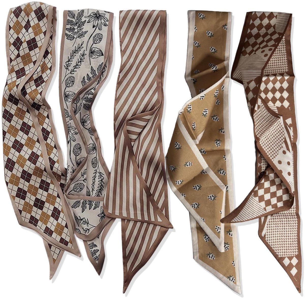 Dailygoods- Sjaal Dames Set van 5 - Dunne Satijnen Sjaals - Boho Tas Hengsels - Haartuch voor Vrouwen - Zijdeachtige Doek - Veelzijdig Accessoire - Hoofddoek