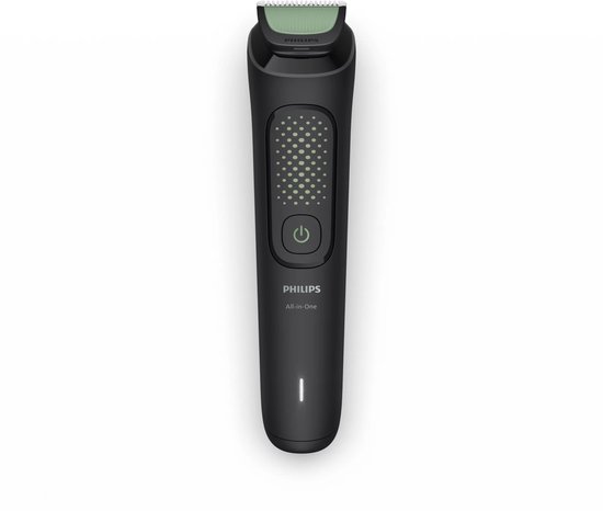 Zwarte Philips All-in-One trimmer met groen mesje, aan/uit-knop en indicatorlampje.
