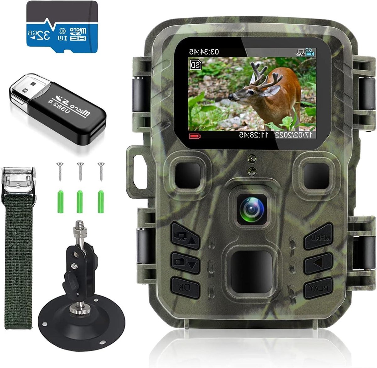 Mini wildcamera - Nachtzichtcamera Bewegingsmelder - Wildobservatie - IP65 Waterdicht - 20 MP 1080p - Groen