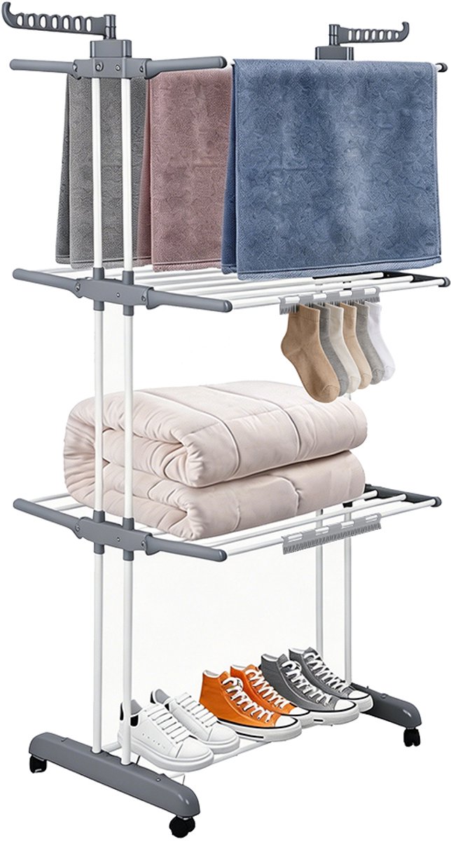PIPIPOXER- Wasrek Inklapbaar-Droogrek-Staand Droogrek Inklapbaar-Met 3 sokkenclips-Wastoren-Ruimtebesparend Wasrek -75x49x170 CM-Ecologisch Was Drogen- grijsachtig wit
