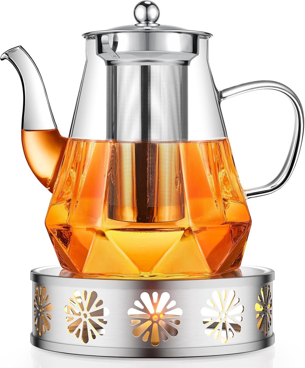 Theepot met stoofje, 1,2 l, glazen theepot met zeef en theewarmer, roestvrij staal, glazen theepot met zeef voor losse thee, theezetter, theepot voor theepotten