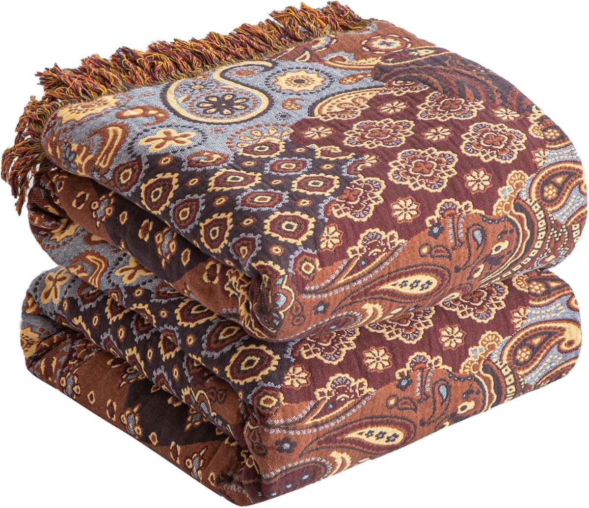SOFTEXLY Boho deken, 100% katoen, grote dubbelzijdige mousseline, boho-sprei, 200 x 230 cm, patchworkdeken, behaaglijke bankdeken en bedsprei, ideaal voor woonkamer en slaapkamer, rood/roze
