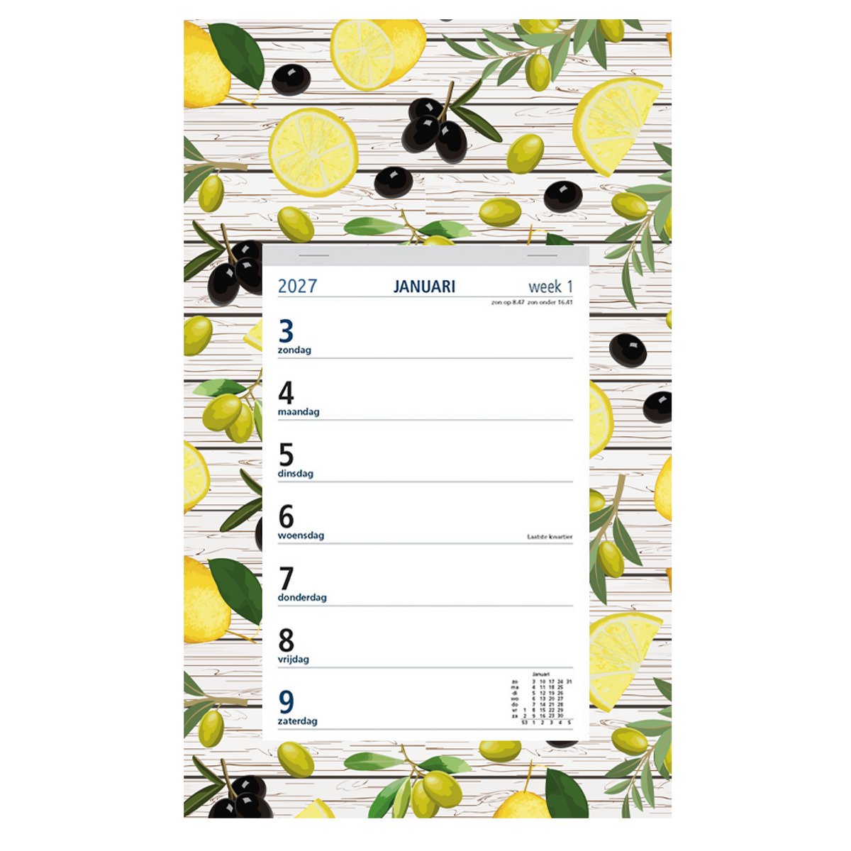 Castelli - weekkalender op schild 2027 - ringband - 2 weken overzicht - formaat 20x33cm - dessin schild Citroen/Olijf