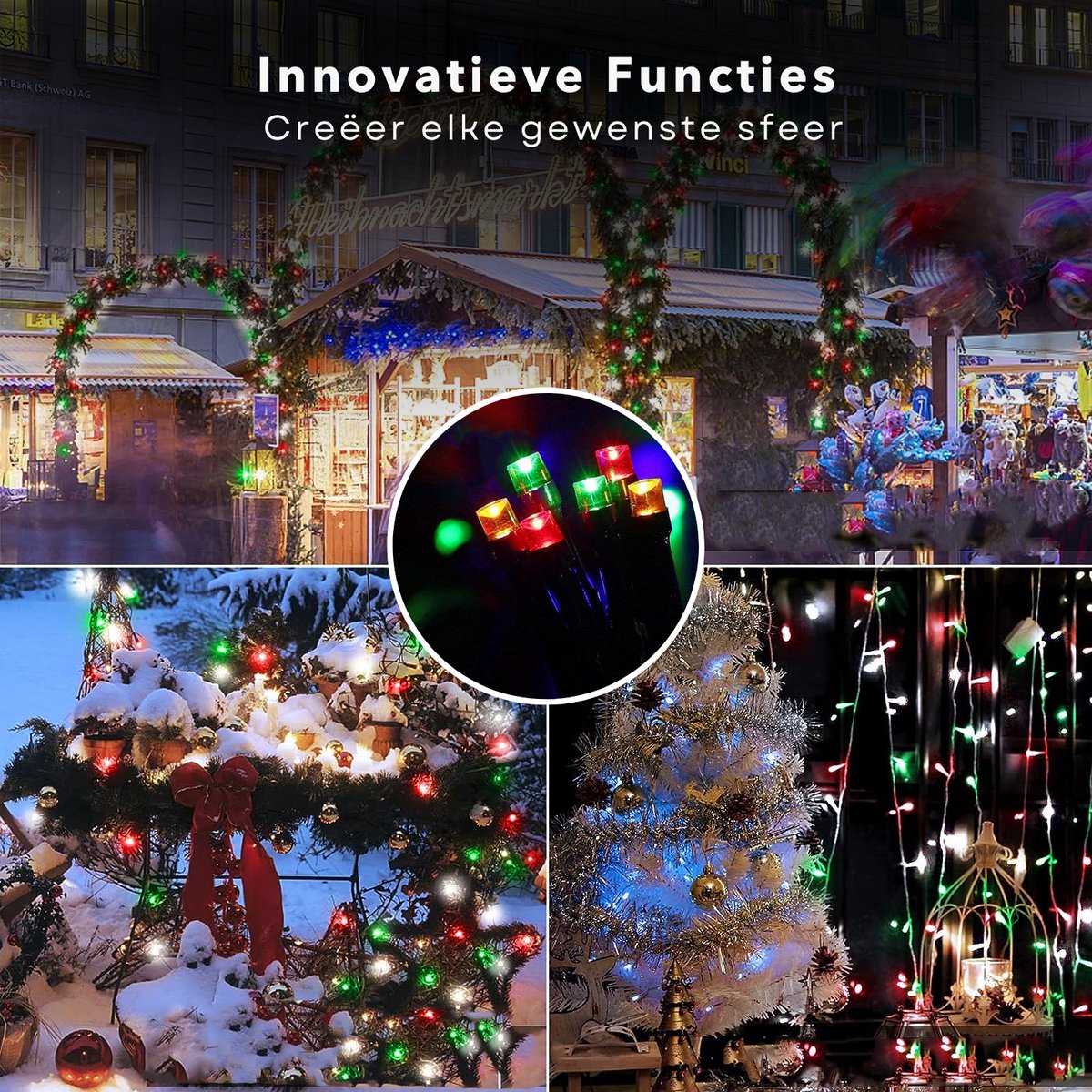 Cheqo® Kerstverlichting - Kerstboomverlichting - Kerstlampjes - 180 LED - 13,5M - Voor Binnen en Buiten - Timer - 3 Kleuren - 8 Lichtfuncties - Lang Snoer - Gekleurde Kerstverlichting - Sfeerverlichting - Rood - Groen - Extra Warm Wit – foto 2
