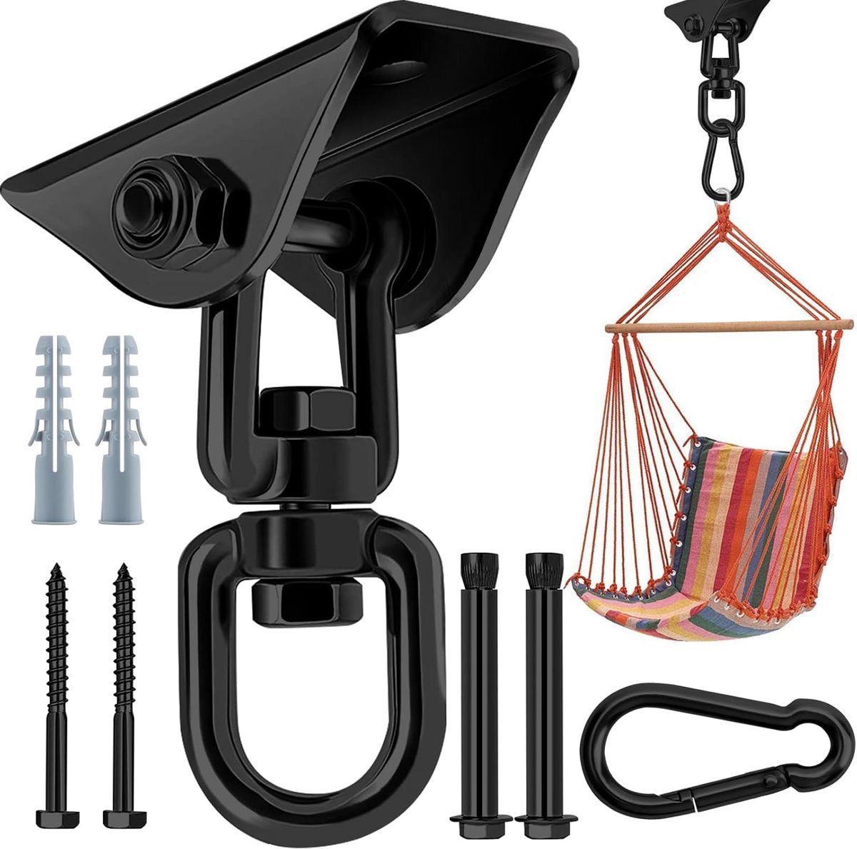 plafondhaak, 360 °, zwart, zware haken voor roestvrij staal, 304, draaibare hangmatten, schommelhaak voor plafond, houten veranda, sportschool, yoga, ophanghaak